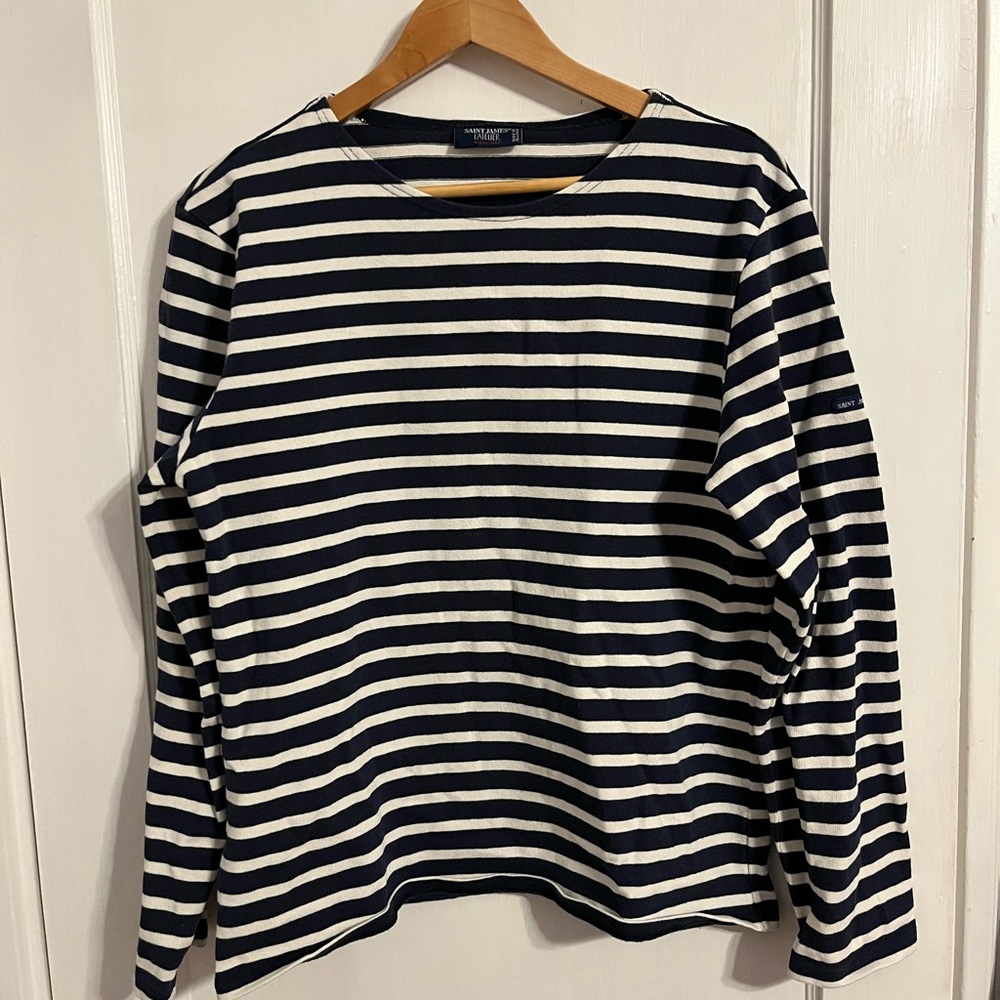Saint James Meridien Moderne Navy and Ecru Bretton Striped Top Unisex Large